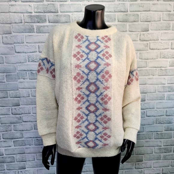 Vintage 70s Alafoss Icewool Iceland Woman M Geo Pattern Sweater Ski Bunny Winter - Picture 1 of 6